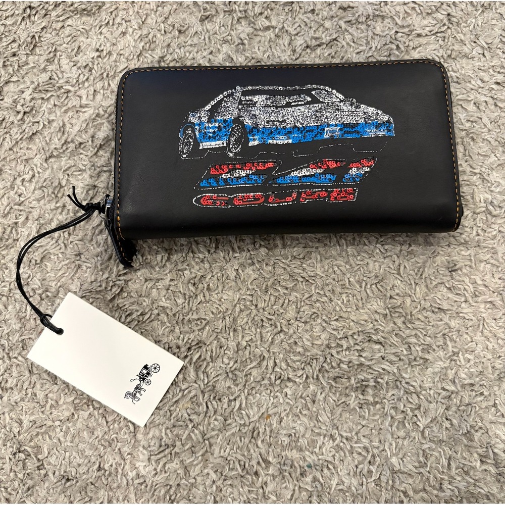 NEW Coach Sequin Car Accordion Zip Wallet Black Leather Red - Picture 2 of 9